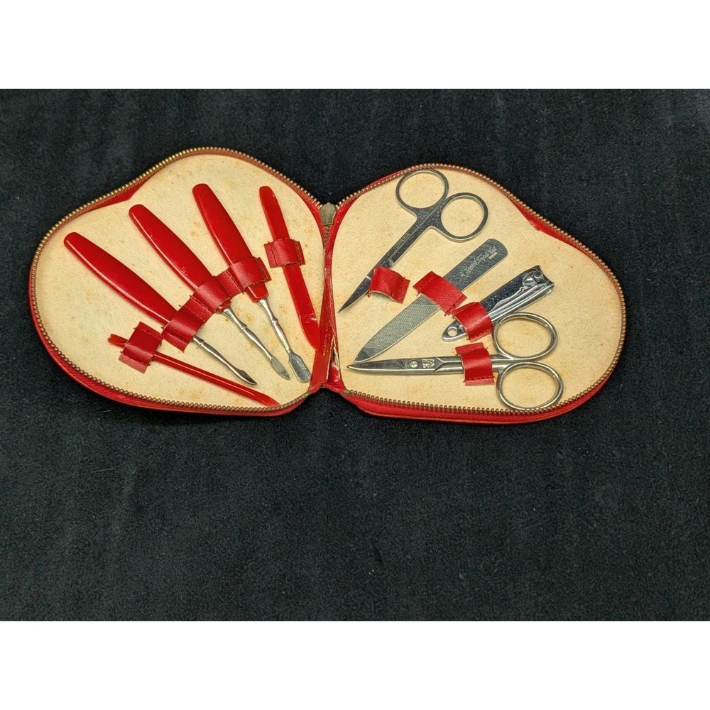 Vintage Manicure Tool Set Made In Austria Red Heart Shaped Ground Leather Case